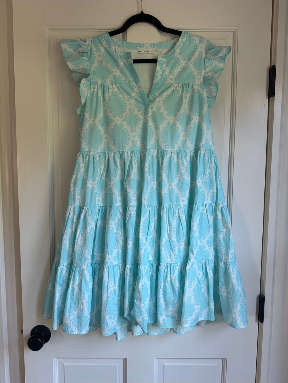 Roller Rabbit Tiered Aqua Patterned Ruffle Sleeve Baby Doll Dress